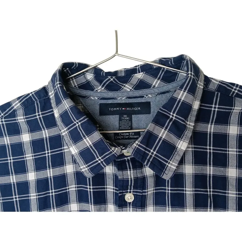 Tommy Hilfiger XXL Custom Fit Blue White Plaid Button Down Shirt Cotton Casual - Picture 9 of 16